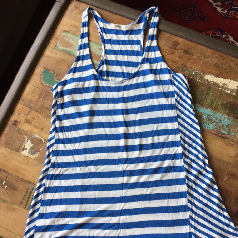 Racerback tank with blue and white stripes